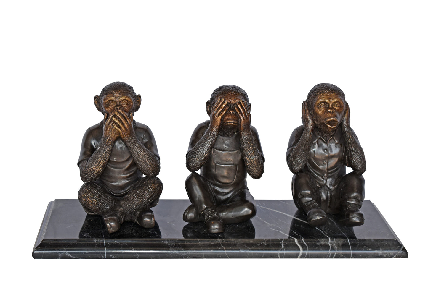 Three Monkeys Bronze Statue Say, Hear, See No Evil - Size: 17"L x 5"W x 7"H.