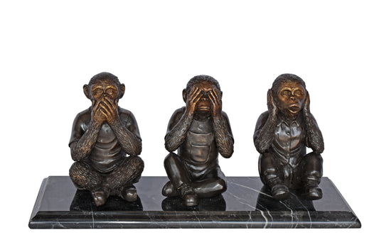 Three Monkeys Bronze Statue Say, Hear, See No Evil - Size: 17"L x 5"W x 7"H.