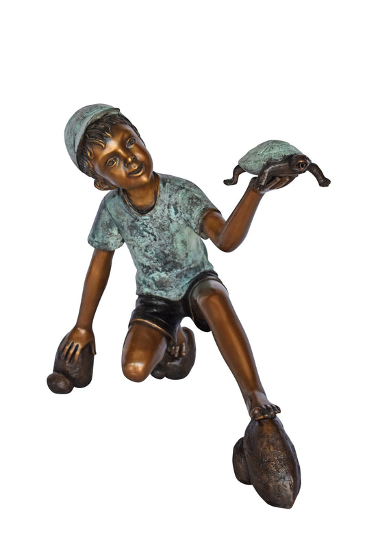Adventurous Boy Holds a turtle bronze statue fountain-Size 22" x 11" x 23"H
