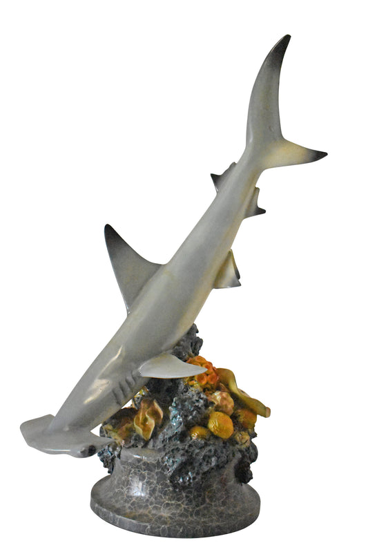 Hammer Shark with Corals Bronze Statue mounted on Marble-Size 20" x 18" x 42"H
