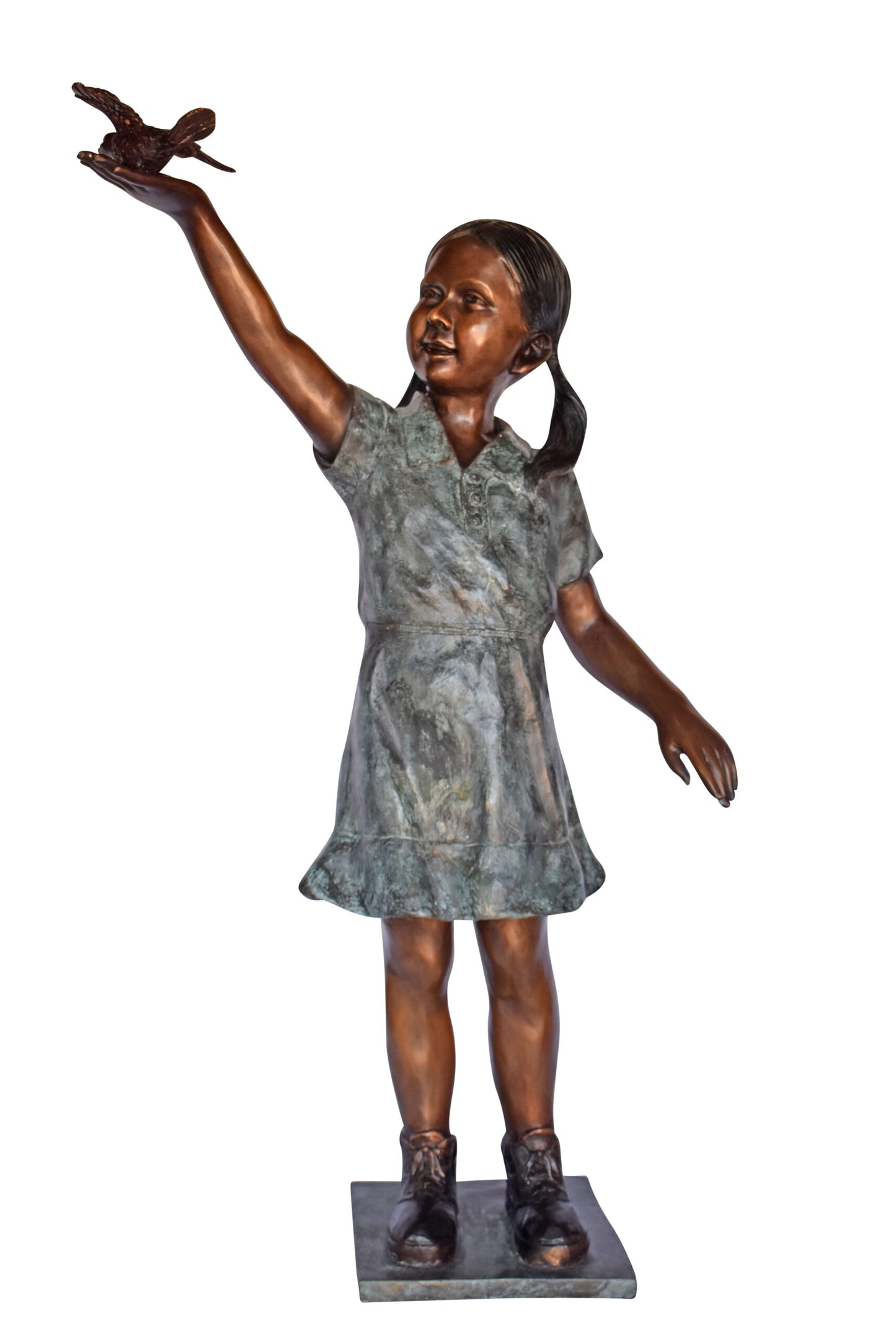 Young Girl Holding a Bird Outside at The Park - Size: 21"L x 11"W x 49"H.