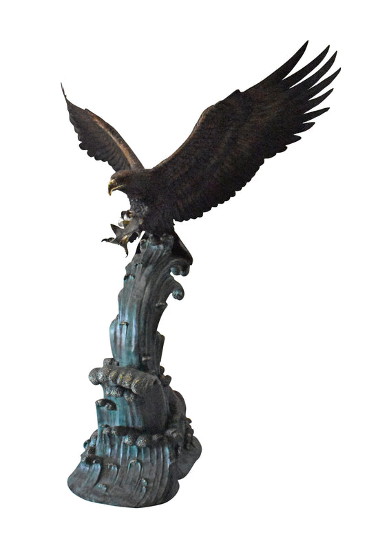 Eagle in Action Catching His Prey Bronze Statue - Size: 68"L x 40"W x 87"H.