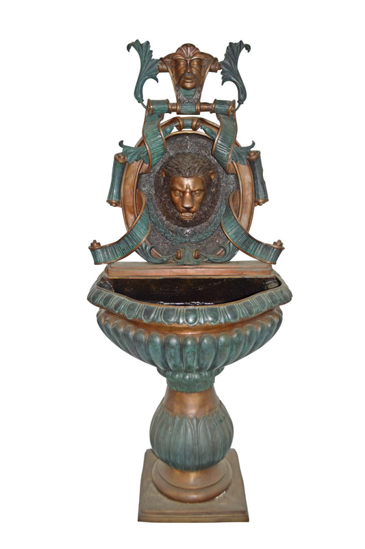 Lion Head Wall Fountain made of Bronze Statue - Size: 32"L x 22"W x 70"H.