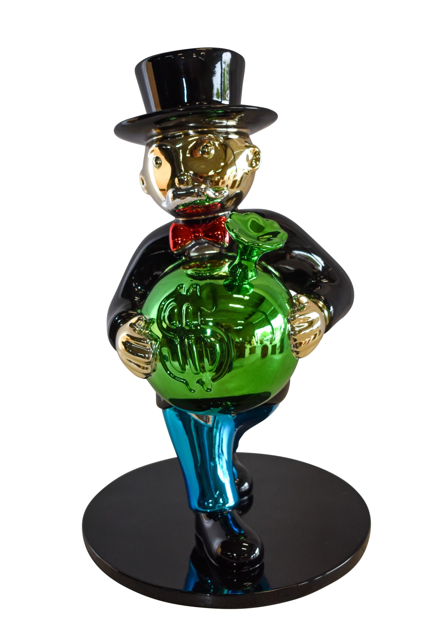 Walking Monopoly Man with Money Bag on Black Base Resin Statue 10" x 10" x 16"H