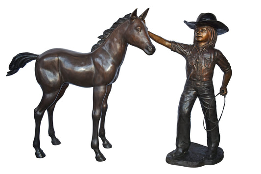 A Young Cowgirl with A Young Horse Bronze Statue Size: 60" x 30" x 44"H