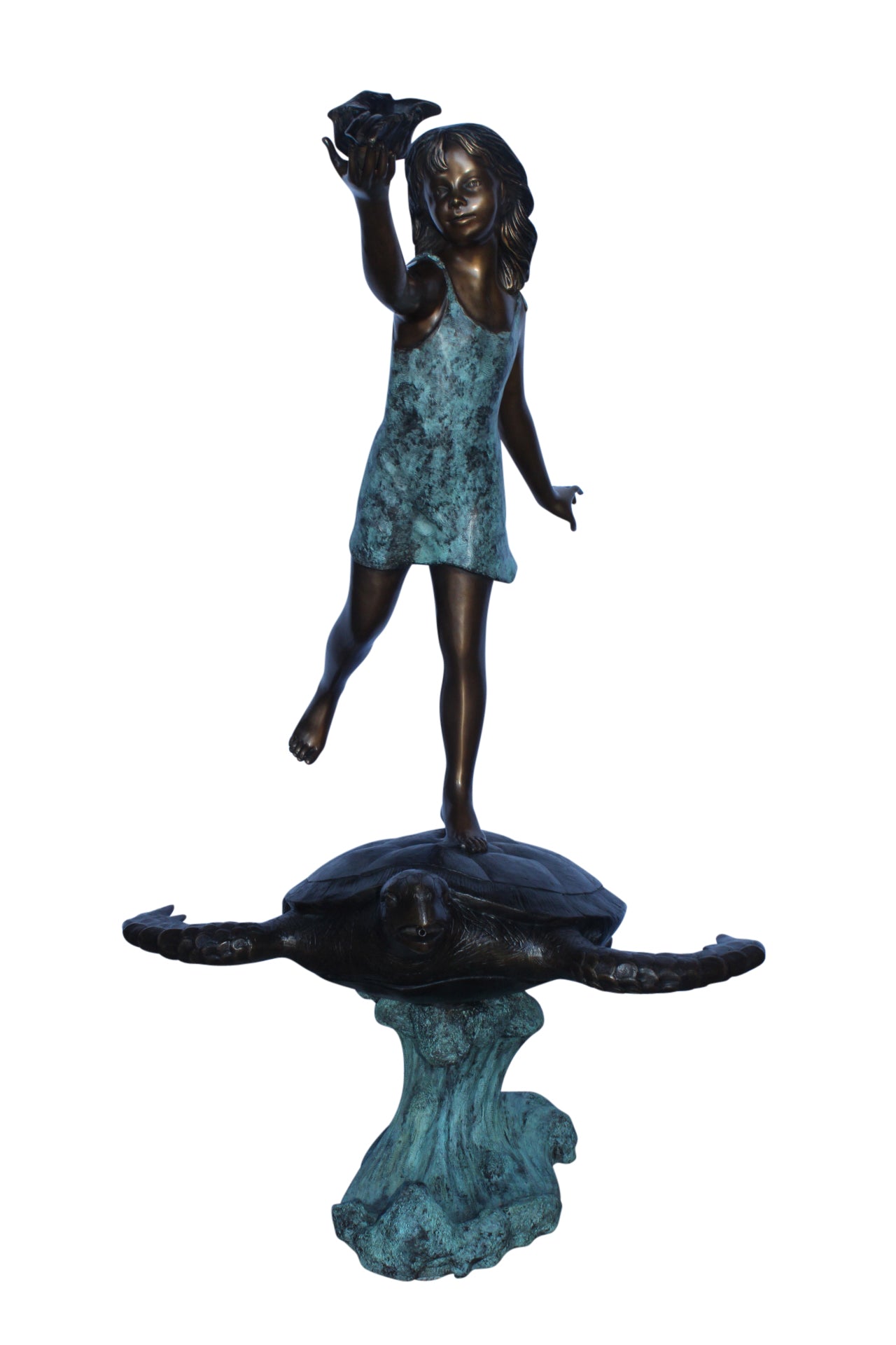 Adventurous girl on a turtle bronze statue fountain -  Size: 35" x 29" x 56"H.