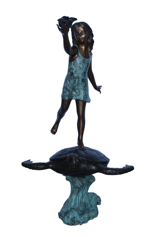 Adventurous girl on a turtle bronze statue fountain -  Size: 35" x 29" x 56"H.