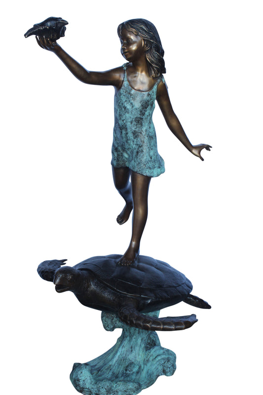 Adventurous girl on a turtle bronze statue fountain - Size: 35" x 29" x 56"H.
