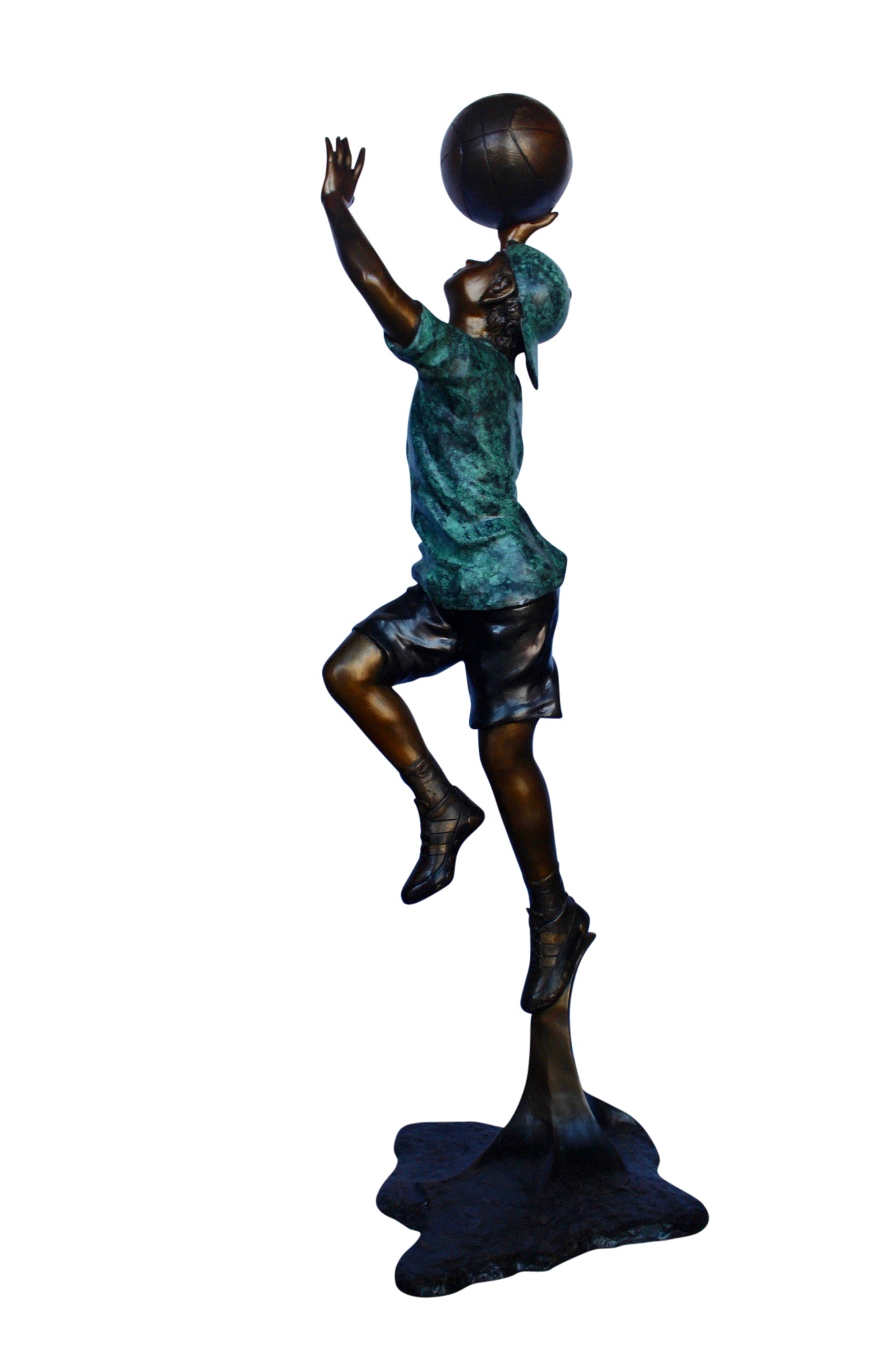 A young boy scoring a basket bronze statue -  Size: 19"L x 20"W x 61"H.