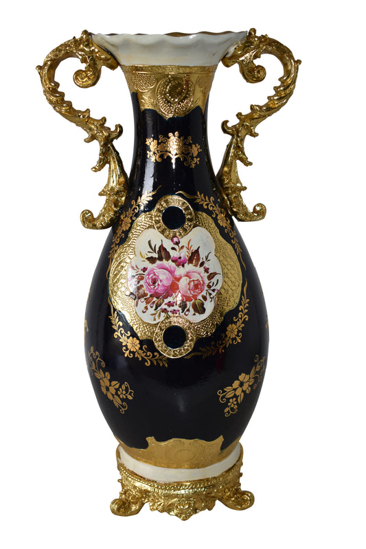 Black and Gold Rounded Resin Vase Size: 11" x 9" x 20"H