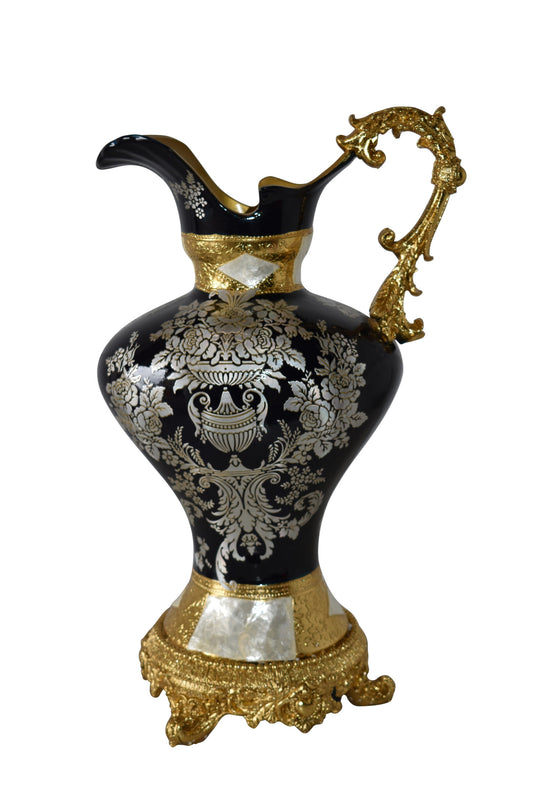 Black and Silver Rounded Hydria Resin Vase Size: 11" x 8" x 18"H