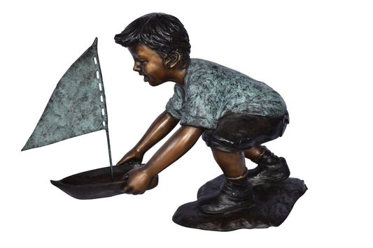 Boy Sends His Toy Boat on The Water Bronze Statue - Size: 16"L x 33"W x 24"H.