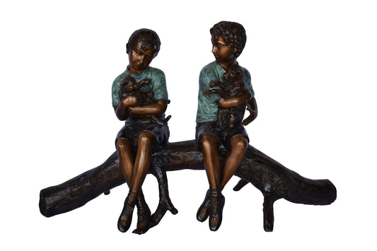 Boy and Girl with Pets Sitting on Log Bronze Statue - Size: 44"L x 22"W x 26"H.