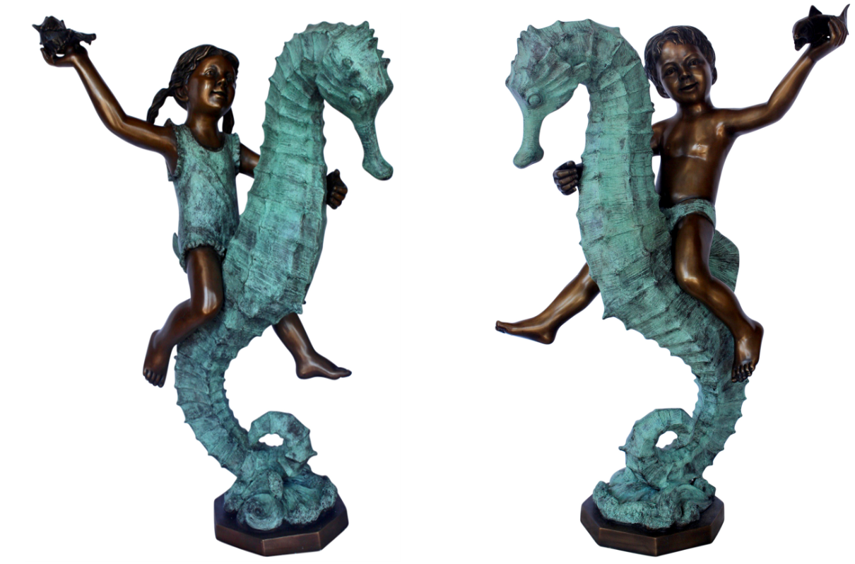 Boy and girl riding seahorses bronze fountain - Size: 18"L x 23"W x 38"H.