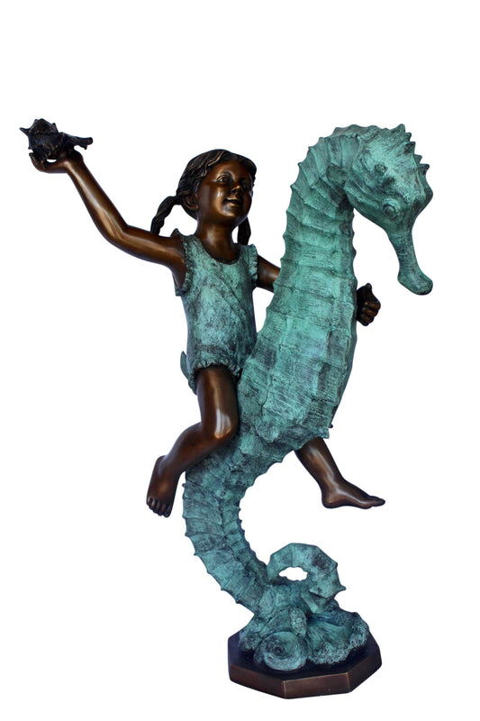 Boy and girl riding seahorses bronze fountain -  Size: 18"L x 23"W x 38"H.