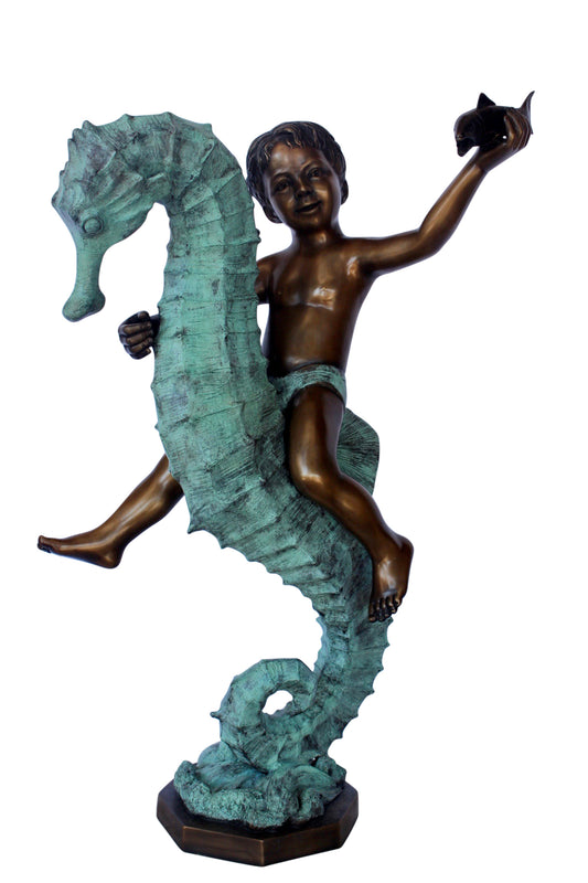 Boy and girl riding seahorses bronze fountain - Size: 18"L x 23"W x 38"H.