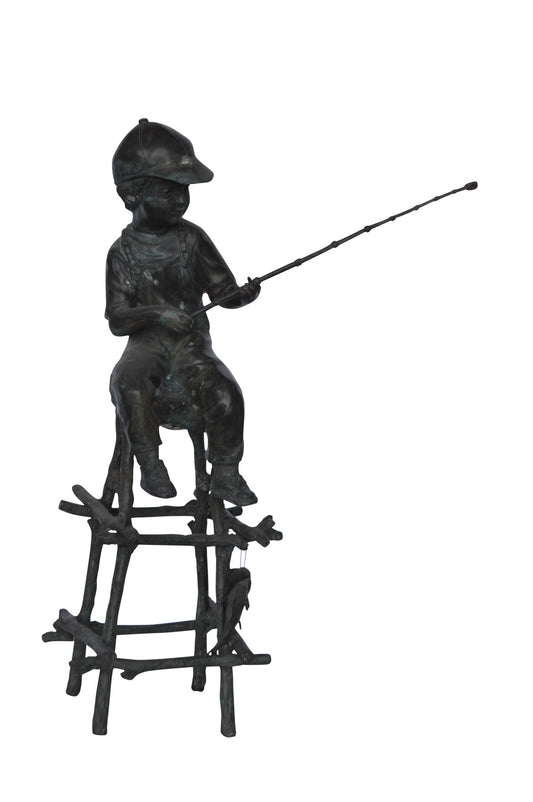 A Boy on a high Chair Fishing Bronze Statue -  Size: 16"L x 14"W x 28"H.