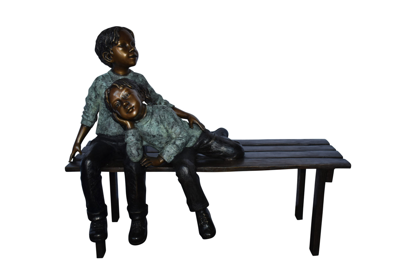 Brother and Sister on A Bench Enjoying Outdoors Bronze Statue  18" x 39" x 33"H