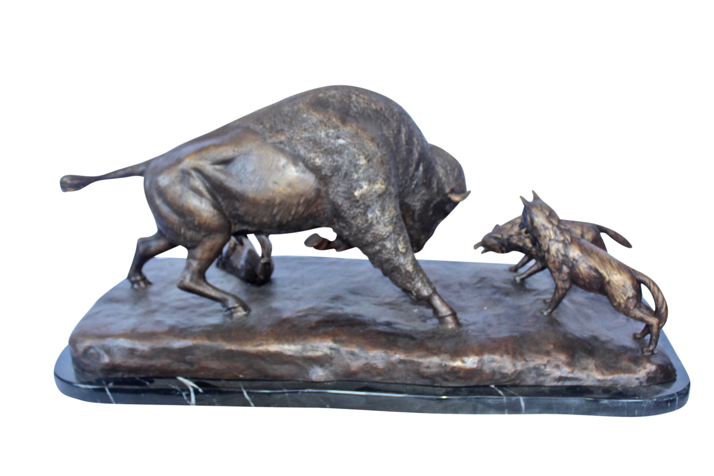 Charging bison v. Wolves bronze statue -  Size: 36"L x 17"W x 17"H.