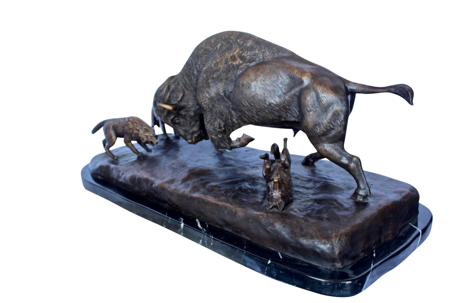 Charging bison v. Wolves bronze statue -  Size: 36"L x 17"W x 17"H.