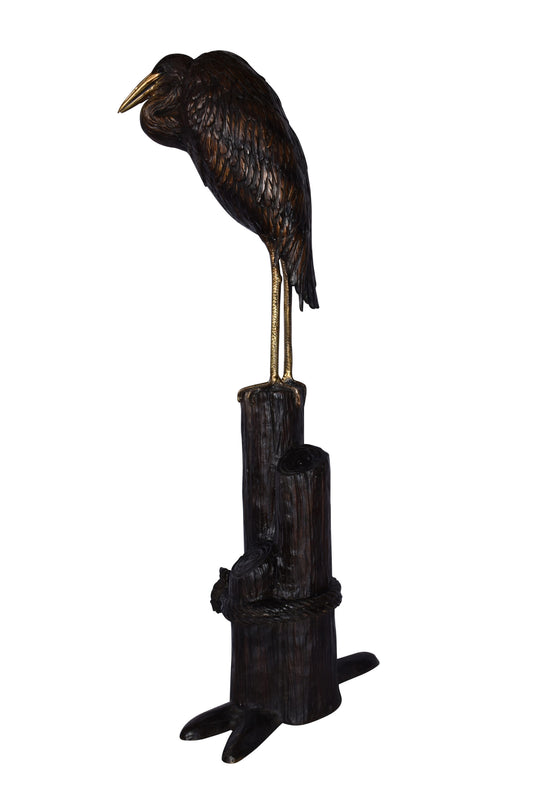 Crane Head Down Standing on A Tree Stump Bronze Statue Size: 23" x 16" x 55"H