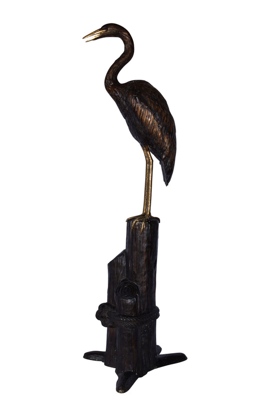 Crane Looking Out Standing on A Tree Stump Bronze Statue Size: 19" x 17" x 62"H