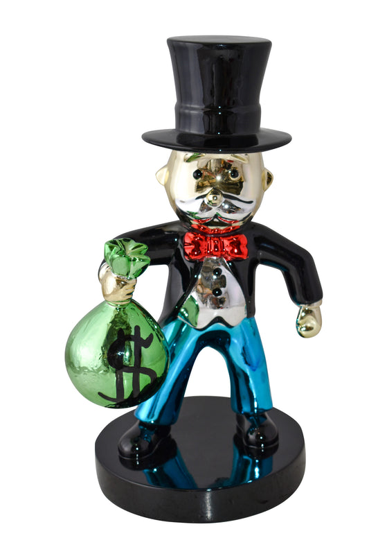 Frowning Monopoly Man Holding Money Bag Resin Statue Small Size: 7" x 8" x 15"H