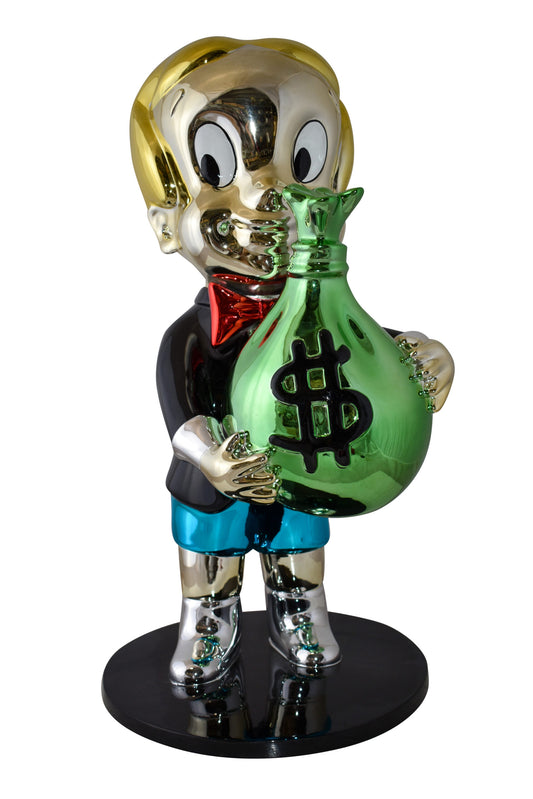 Excited Cartoon Boy Holding Money Bag Resin Statue Large Size: 16" x 16" x 32"H
