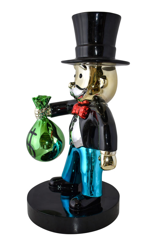 Frowning Monopoly Man Holding Money Bag Resin Statue Large 17" x 15" x 31"H