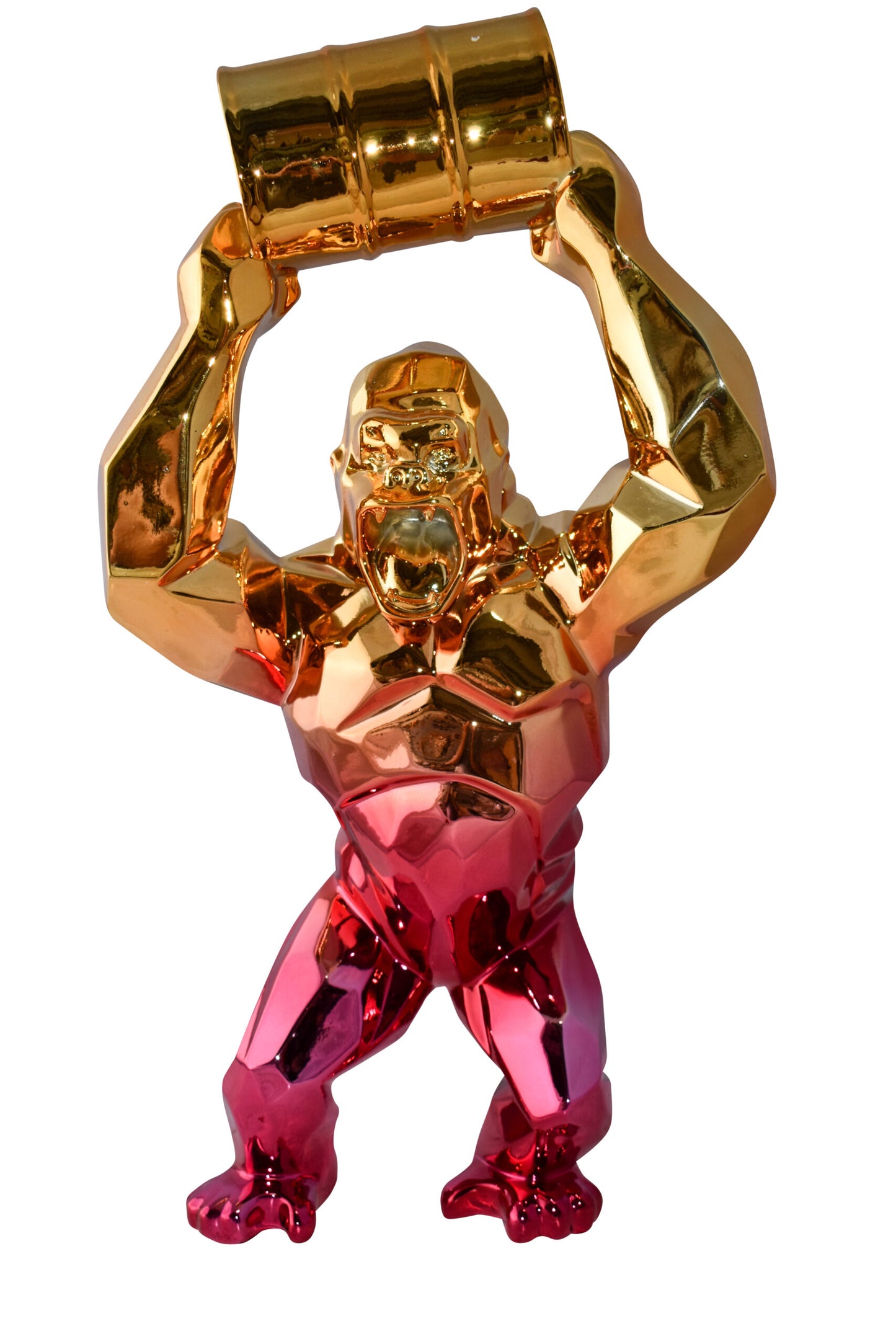 Textile Red and Gold King Kong with A Barrell Statue Size: 14" x 7" x 24"H