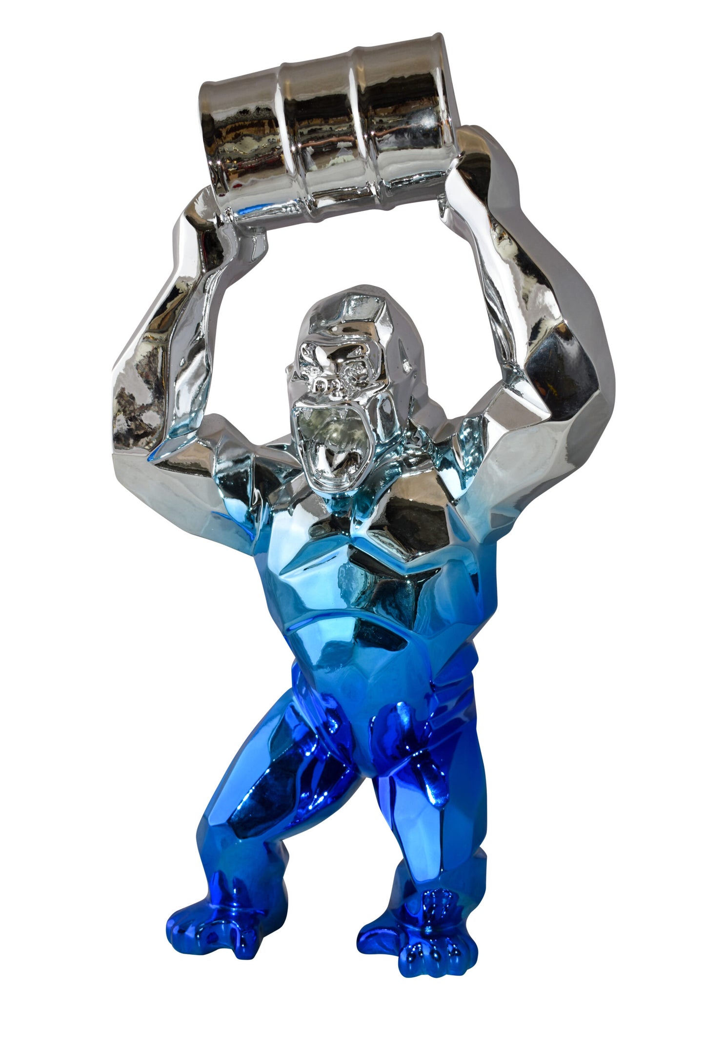 Textile Blue and Silver King Kong with A Barrell Statue Size: 14" x 7" x 24"H