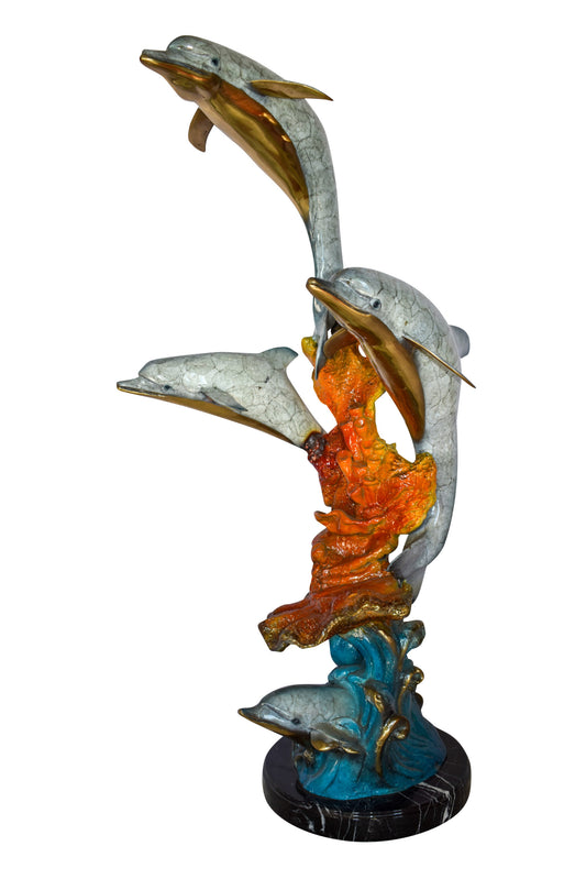 Four Dolphins Swimming in Ocean Colored Bronze Statue Size: 18" x 14" x 41"H