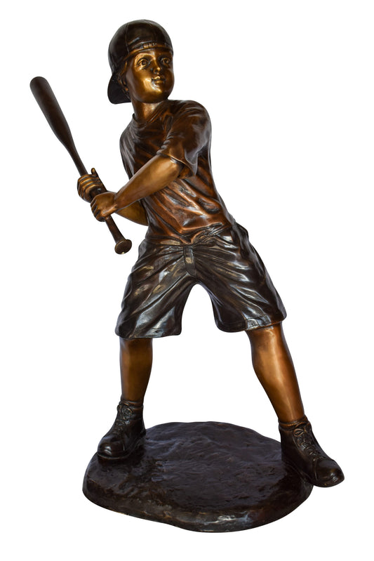 Young Boy in NY Yankees Cap Hitting Baseball Bronze Statue 40" x 22" x 40"H