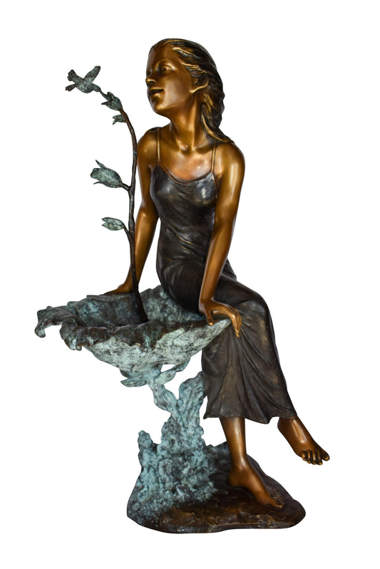 Beautiful Young Girl by A Hummingbird Bath Bronze Statue Size: 22" x 17" x 39"H