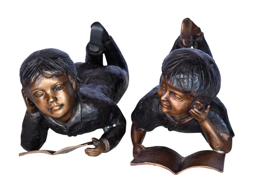 Young Kids Laying and Reading Cheerfully Bronze Statue Set Size: 20" x 13" x 8"H