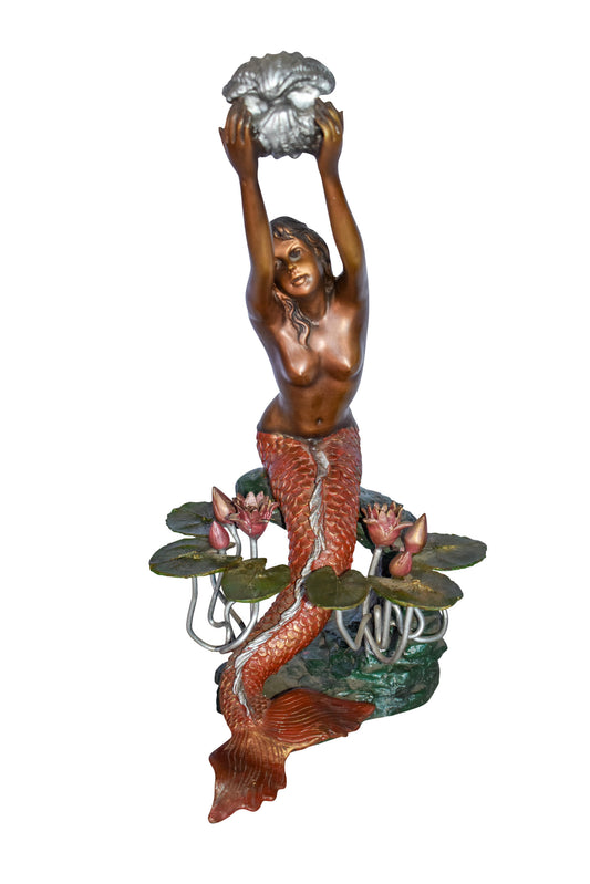 Mermaid Art Nude Holding a Shell Colored Bronze Statue Fountain  10 x 8 x 21”H
