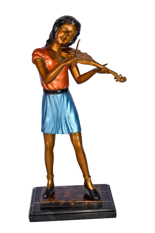 Young Girl Playing Violin Peacefully Bronze Statue  Size: 10" x 5" x 21"H