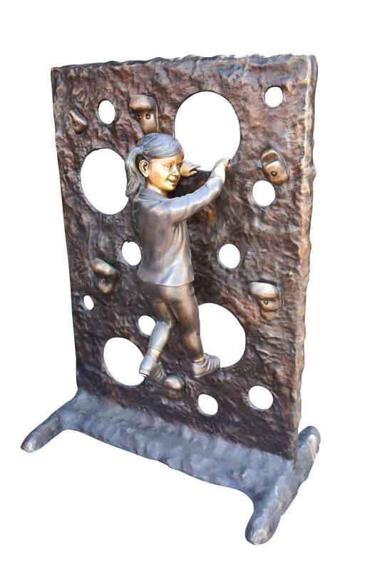 Young Girl Playing on A Climbing Wall Bronze Statue Life Size 44" x 26" x 57"H