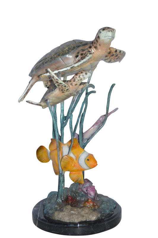 Two Turtles and Nemo Clownfish Bronze Statue - Size: 18"L x 15"W x 26"H.