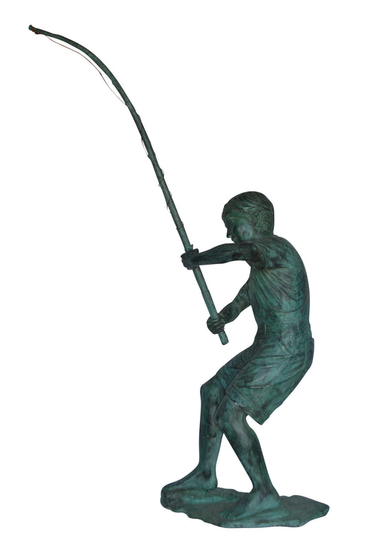 Young Boy Fishing Bronze Statue - green patina - Size: 16"L x 54"W x 62"H.