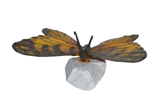 Orange Monarch butterfly bronze statue on a  rock - Size: 14"L x 16"W x 8"H.