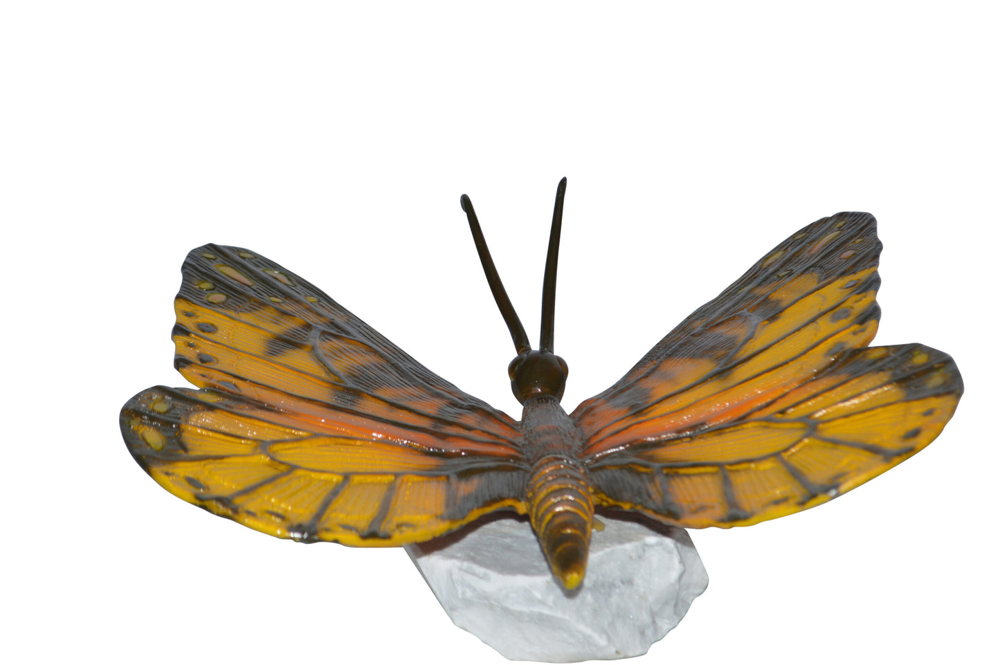 Orange Monarch butterfly bronze statue on a  rock - Size: 14"L x 16"W x 8"H.