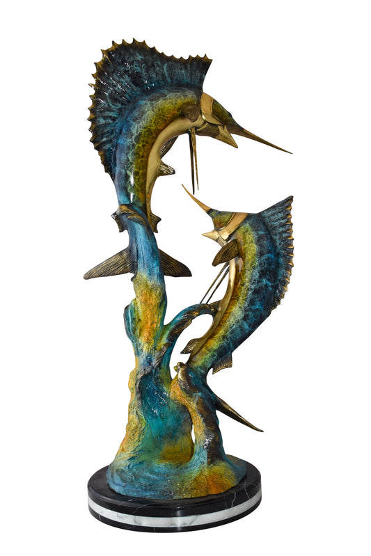 Set Of Intertwined Sailfish and Marlin Colored Bronze Statue  27" x 20" x 47"H