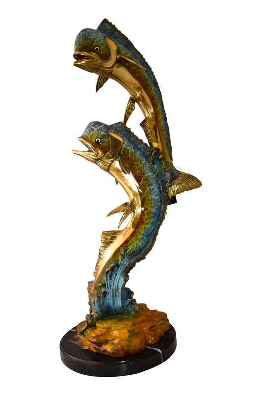 Impressive Pair of Dorado Mahi Mahi Fish Bronze Statue Size: 20" x 18" x 42"H