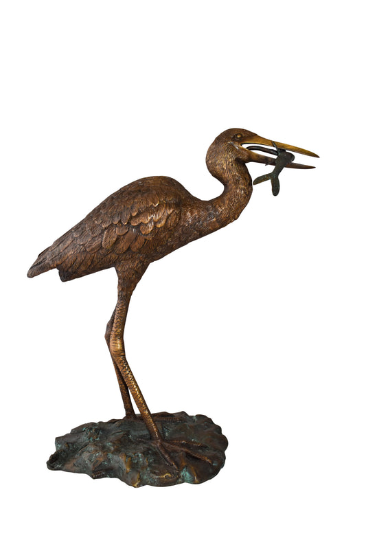 Heron With Prey Brown Patina Bronze Statue Fountain Size: 26" x 15" x 25"H