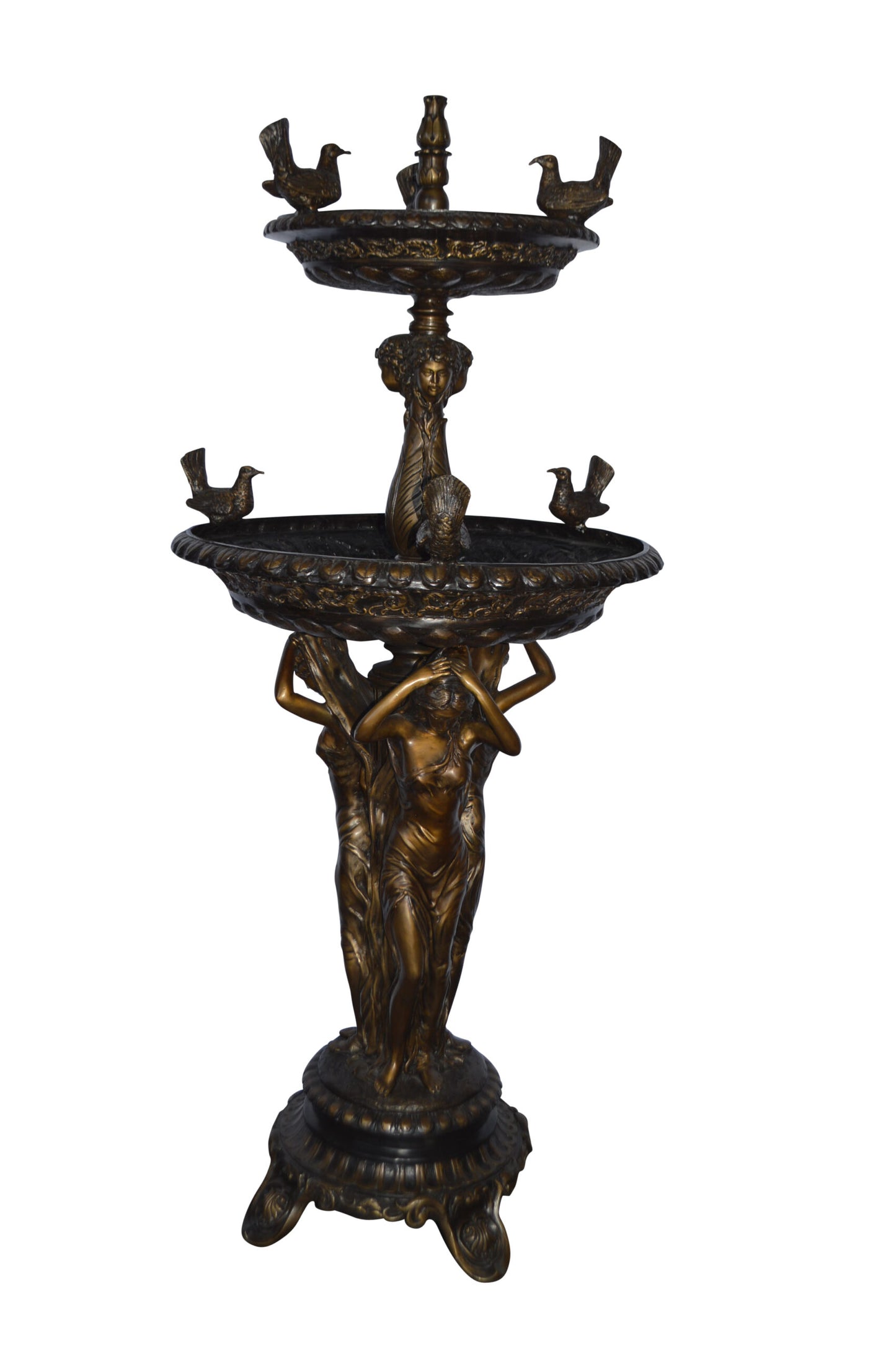 Large bronze water fountain with girls and birds - Size: 28"L x 28"W x 65"H.