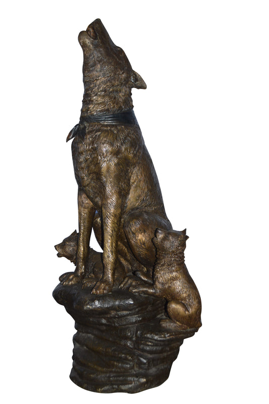 Wolf and her Cubs howling Bronze Statue - Size: 23"L x 20"W x 48"H.
