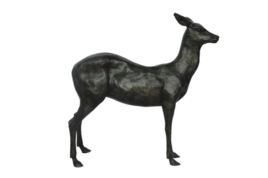 Doe - Baby Deer Green patina Bronze Statue - Size: 30"L x 8"W x 31"H.