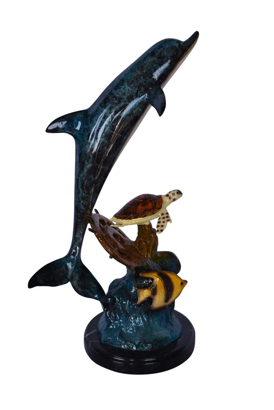 Nifao Dolphin, Turtle, Anchor & Fish Bronze Statue – Intricate Marine Wildlife Figurine on Marble Base for Home, Office, Garden, or Nautical Decor – Symbol of Sea Lore, Strength 6" L x 10" W x 19" H.