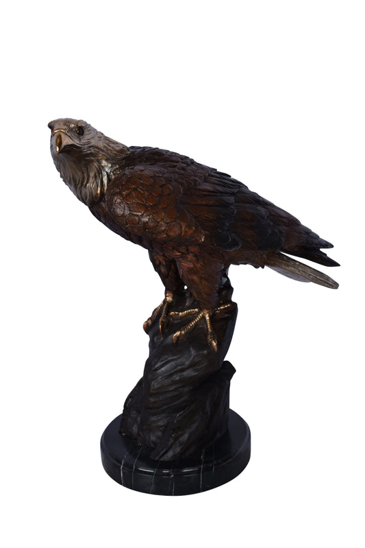 Eagle on Rock Bronze Statue Mounted on Marble Base - Size: 10"L x 22"W x 21"H.